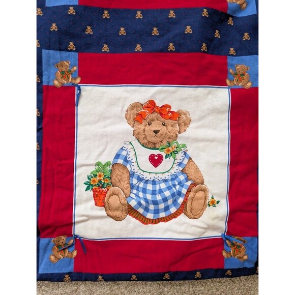 Vintage Teddy Bear Crib Quilt Baby Nursery Decor Country Handmade Throw Blanket - Picture 3 of 12